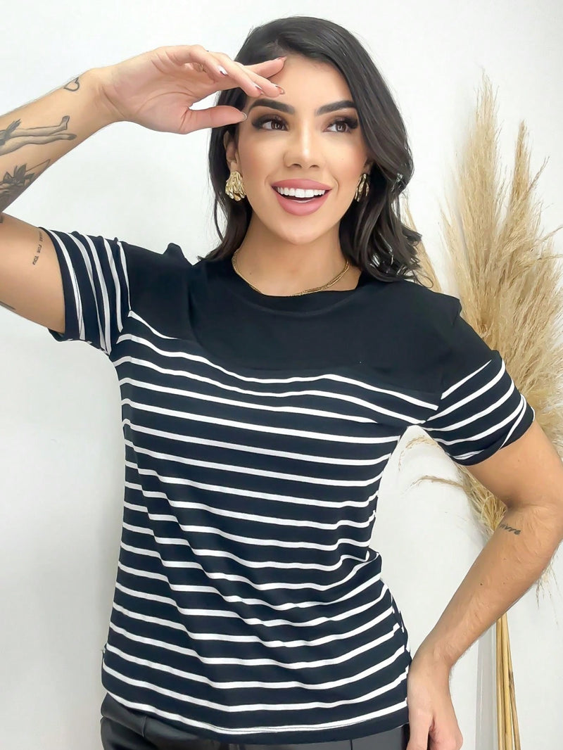 Blusa Listrada e Lisa Elegante Solta