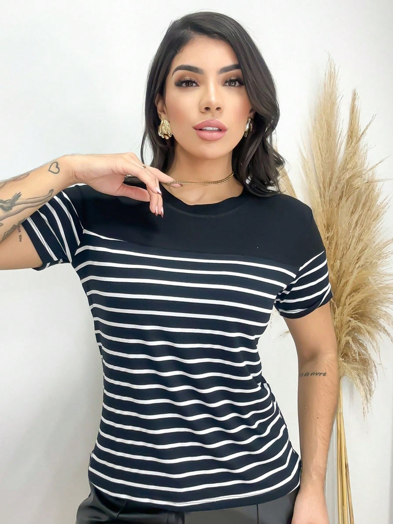 Blusa Listrada e Lisa Elegante Solta