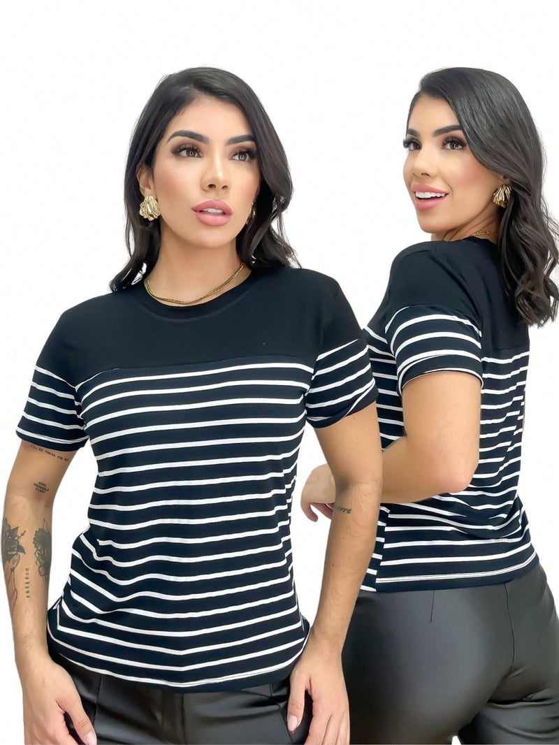 Blusa Listrada e Lisa Elegante Solta