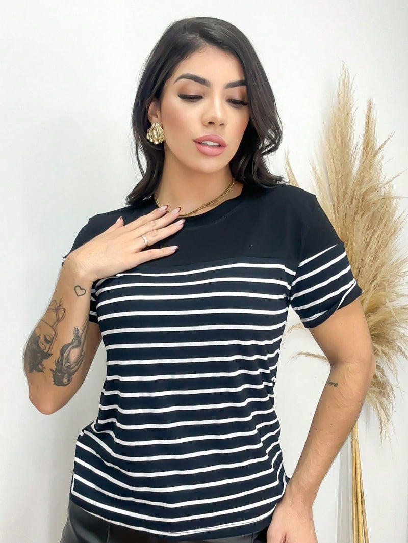 Blusa Listrada e Lisa Elegante Solta