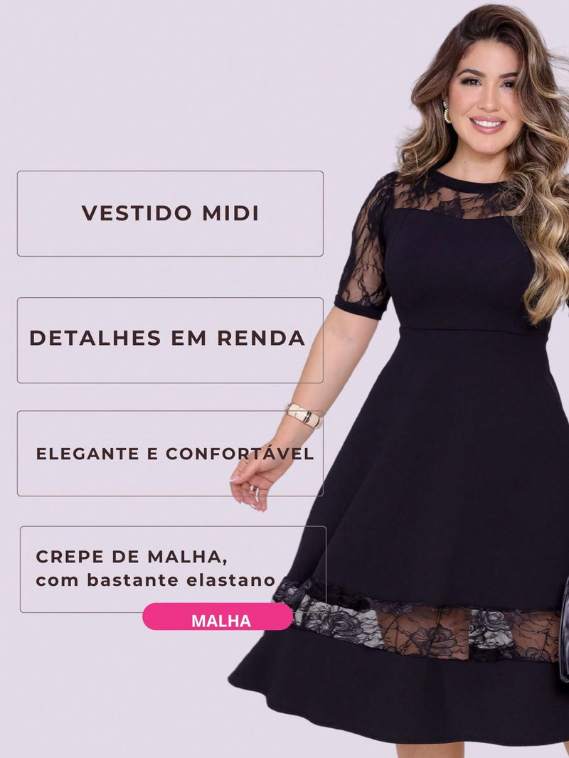 Vestido Claire Feminino Luxo Midi Manga Tule